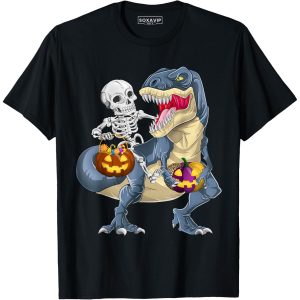 Skeleton Riding Dinosaur Halloween Funny Pumpkin T-Shirt