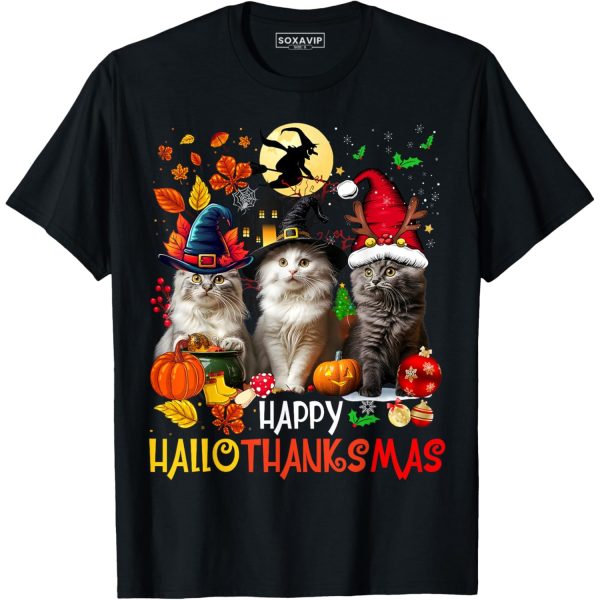 Halloween Thanksgiving Christmas Happy Cats T-Shirt